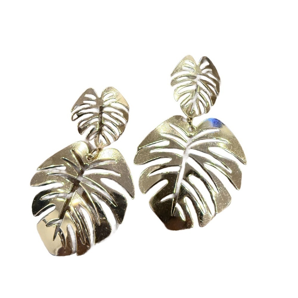 Gold Tone Monsterra Leaf Drop Earrings